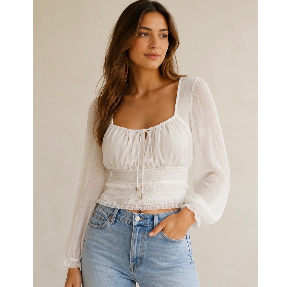 Free People Solid Lolita Blouse Sz M Top Long Sleeve White Boho Peasant Coachell